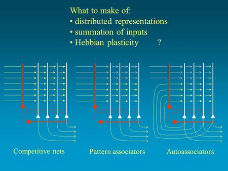 What to make of: distributed representations summation of inputs Hebbian plasticity ? Competitive nets Pattern associators Autoassociators.