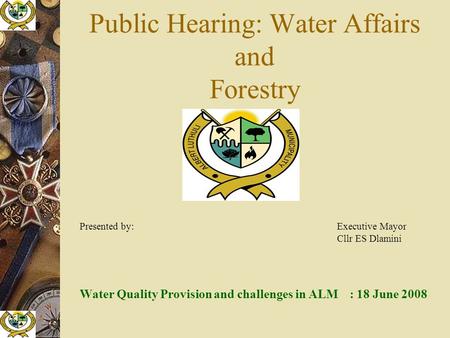Public Hearing: Water Affairs and Forestry Presented by: Executive Mayor Cllr ES Dlamini Water Quality Provision and challenges in ALM: 18 June 2008.