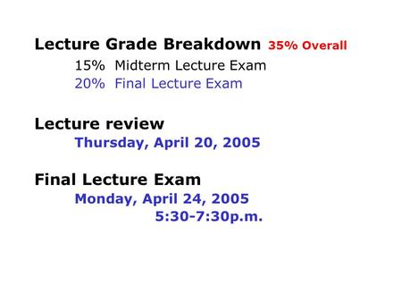 Lecture Grade Breakdown 35% Overall 15% Midterm Lecture Exam 20% Final Lecture Exam Lecture review Thursday, April 20, 2005 Final Lecture Exam Monday,