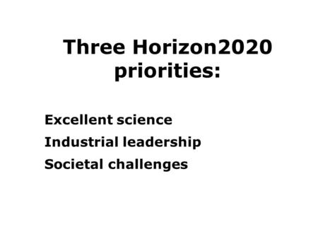 Three Horizon2020 priorities: 1.Excellent science 2.Industrial leadership 3.Societal challenges.