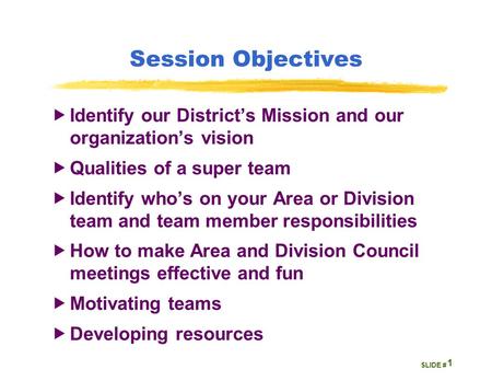 SLIDE # Session Objectives  Identify our District’s Mission and our organization’s vision  Qualities of a super team  Identify who’s on your Area or.