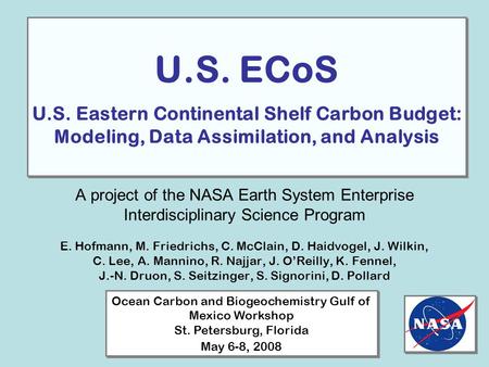 U.S. ECoS U.S. Eastern Continental Shelf Carbon Budget: Modeling, Data Assimilation, and Analysis A project of the NASA Earth System Enterprise Interdisciplinary.