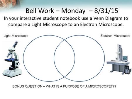 Lesson Overview Lesson Overview The Nature of Matter Bell Work – Monday – 8/31/15 In your interactive student notebook use a Venn Diagram to compare a.