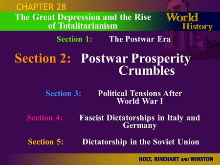CHAPTER 28 Section 1:The Postwar Era Section 2:Postwar Prosperity Crumbles Section 3:Political Tensions After World War I Section 4: Fascist Dictatorships.