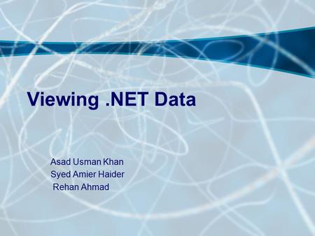 Viewing.NET Data Asad Usman Khan Syed Amier Haider Rehan Ahmad.