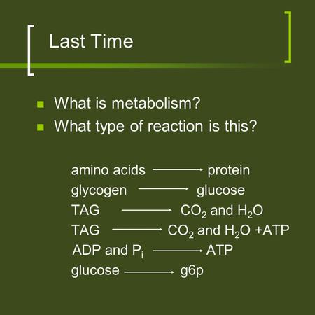 Last Time What is metabolism? What type of reaction is this? amino acids protein glycogen glucose TAGCO 2 and H 2 O TAG CO 2 and H 2 O +ATP ADP and P i.