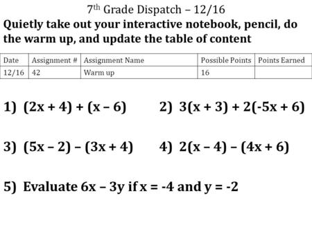 1) (2x + 4) + (x – 6)2) 3(x + 3) + 2(-5x + 6) 3) (5x – 2) – (3x + 4)4) 2(x – 4) – (4x + 6) 5) Evaluate 6x – 3y if x = -4 and y = -2 7 th Grade Dispatch.