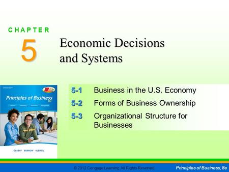 © 2012 Cengage Learning. All Rights Reserved. Principles of Business, 8e C H A P T E R 5 SLIDE 1 5-1 5-1Business in the U.S. Economy 5-2 5-2Forms of Business.