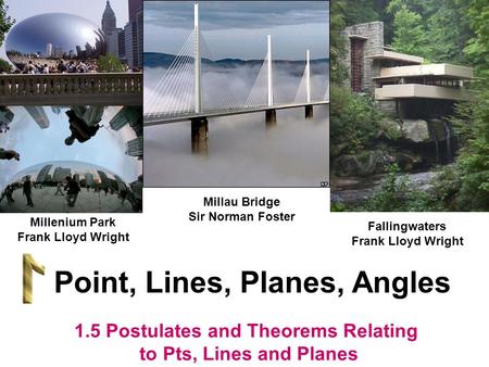 Millau Bridge Sir Norman Foster Point, Lines, Planes, Angles Fallingwaters Frank Lloyd Wright Millenium Park Frank Lloyd Wright 1.5 Postulates and Theorems.
