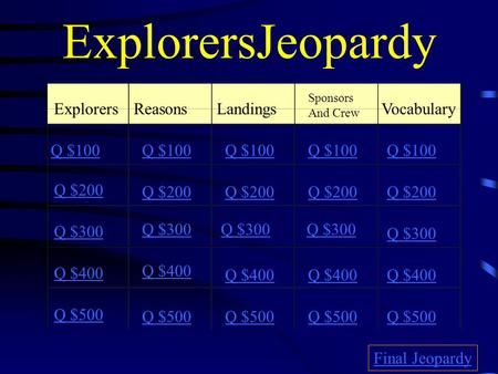 ExplorersJeopardy ExplorersReasonsLandings Sponsors And Crew Vocabulary Q $100 Q $200 Q $300 Q $400 Q $500 Q $100 Q $200 Q $300 Q $400 Q $500 Final Jeopardy.