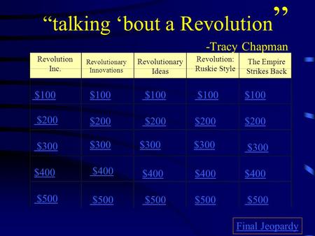 “talking ‘bout a Revolution ” -Tracy Chapman Revolution Inc. Revolutionary Innovations Revolutionary Ideas The Empire Strikes Back Revolution: Ruskie.