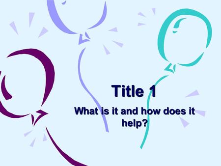 Title 1 What is it and how does it help?. What is it? Title 1 is supplemental funding provided to schools with a high incidence of students living in.