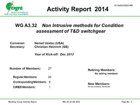 Study Committee A3 HIGH VOLTAGE EQUIPMENT Working Group Activity ReportWG A3.32 AR 2014Page No.: 1 Activity Report 2014 WG A3.32 Non Intrusive methods.