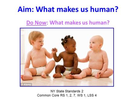 Aim: What makes us human? Do Now: What makes us human? NY State Standards 2 Common Core RS 1, 2, 7, WS 1, LSS 4.