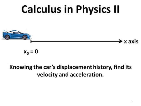 Calculus in Physics II x 0 = 0 x axis Knowing the car’s displacement history, find its velocity and acceleration. 1.