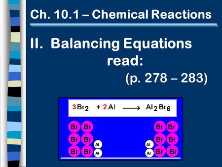 Ch. 10.1 – Chemical Reactions II. Balancing Equations read: (p. 278 – 283)