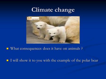 Climate change What consequences does it have on animals ? I will show it to you with the example of the polar bear.
