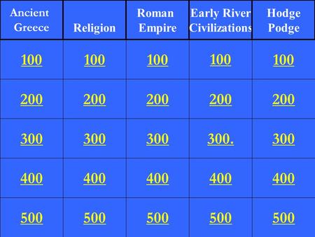 200 300 400 500 100 200 300 400 500 100 200 300 400 500 100 200 300. 400 500 100 200 300 400 500 100 Ancient Greece Religion Roman Empire Early River Civilizations.