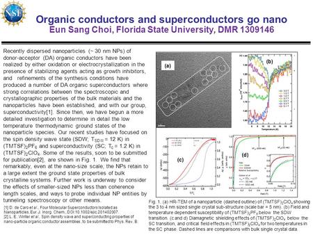 Organic conductors and superconductors go nano Eun Sang Choi, Florida State University, DMR 1309146 [1] D. de Caro et al., Four Molecular Superconductors.