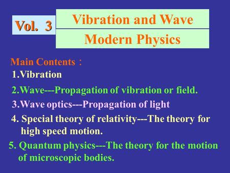 Vol. 3 Main Contents ： 1.Vibration 2.Wave---Propagation of vibration or field. 3.Wave optics---Propagation of light Vibration and Wave Modern Physics 4.