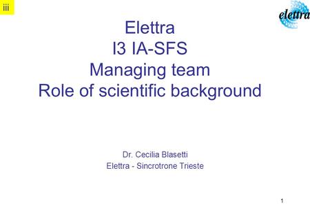 Dr. Cecilia Blasetti - Elettra ST Elettra I3 IA-SFS Managing team Role of scientific background Dr. Cecilia Blasetti Elettra - Sincrotrone Trieste iii.