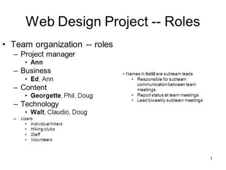 1 Web Design Project -- Roles Team organization -- roles –Project manager Ann –Business Ed, Ann –Content Georgette, Phil, Doug –Technology Walt, Claudio,