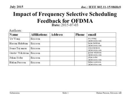 Submission doc.: IEEE 802.11-15/0868r0 July 2015 Hakan Persson, Ericsson ABSlide 1 Impact of Frequency Selective Scheduling Feedback for OFDMA Date: 2015-07-03.