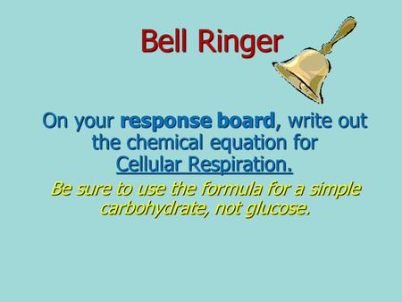 Bell Ringer On your response board, write out the chemical equation for Cellular Respiration. Be sure to use the formula for a simple carbohydrate, not.