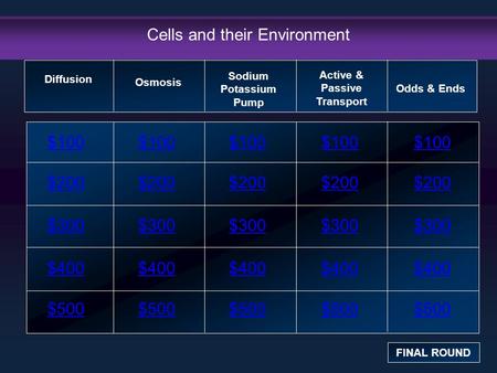 Cells and their Environment $100 $200 $300 $400 $500 $100$100$100 $200 $300 $400 $500 Diffusion FINAL ROUND Osmosis Sodium Potassium Pump Active & Passive.
