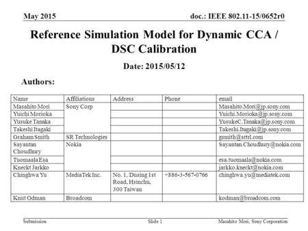 Doc.: IEEE 802.11-15/0652r0 Submission May 2015 Masahito Mori, Sony CorporationSlide 1 Reference Simulation Model for Dynamic CCA / DSC Calibration Date: