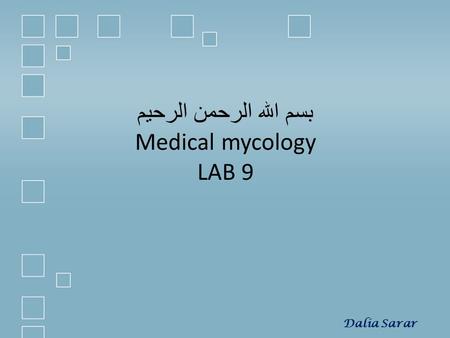 بسم الله الرحمن الرحيم Medical mycology LAB 9 Dalia Sarar.