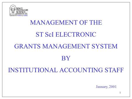 1 MANAGEMENT OF THE ST ScI ELECTRONIC GRANTS MANAGEMENT SYSTEM BY INSTITUTIONAL ACCOUNTING STAFF January, 2001.