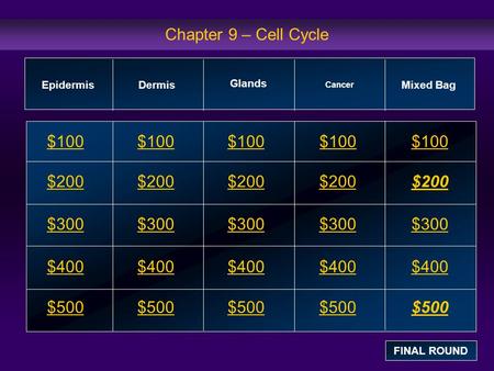 Chapter 9 – Cell Cycle $100 $200 $300 $400 $500 $100$100$100 $200 $300 $400 $500 EpidermisDermis Cancer Mixed Bag FINAL ROUND Glands.