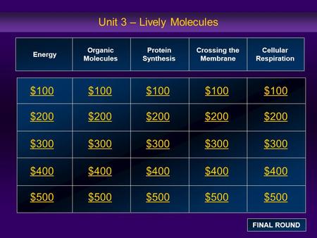 Unit 3 – Lively Molecules $100 $200 $300 $400 $500 $100$100$100 $200 $300 $400 $500 Energy Organic Molecules Protein Synthesis Crossing the Membrane Cellular.