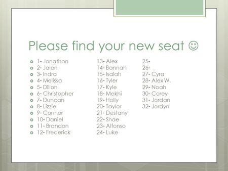 Please find your new seat  1- Jonathon13- Alex25-  2- Jalen14- Bannah26-  3- Indra15- Isaiah27- Cyra  4- Melissa16- Tyler 28- Alex W.  5- Dillon17-