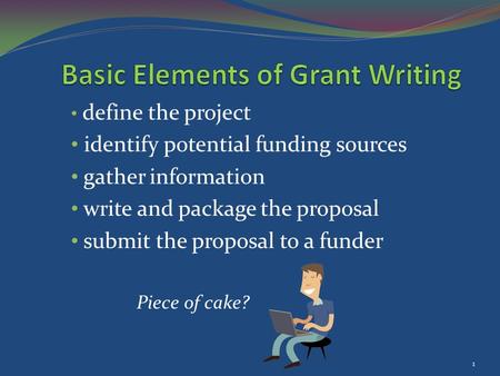 Define the project identify potential funding sources gather information write and package the proposal submit the proposal to a funder Piece of cake?