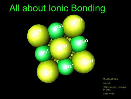 All about Ionic Bonding Modified for the Internet Please ensure you have all extra Class notes.