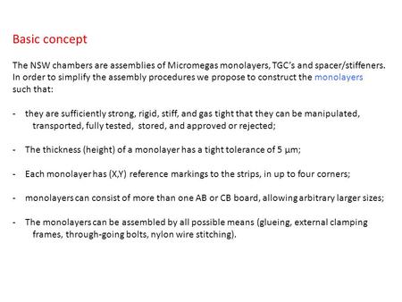 Basic concept The NSW chambers are assemblies of Micromegas monolayers, TGC’s and spacer/stiffeners. In order to simplify the assembly procedures we propose.