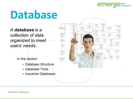 Database A database is a collection of data organized to meet users’ needs. In this section: Database Structure Database Tools Industrial Databases Concepts.