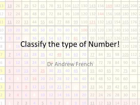 Classify the type of Number! Dr Andrew French. Not root of a polynomial equation with rational coefficients.