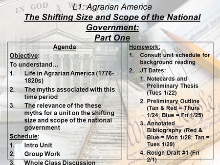 L1: Agrarian America The Shifting Size and Scope of the National Government: Part One Agenda Objective: To understand… 1.Life in Agrarian America (1776-