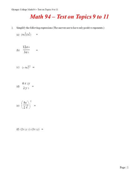 Olympic College Math 94 – Test on Topics 9 to 11