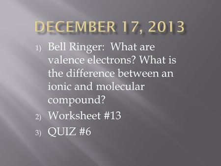1) Bell Ringer: What are valence electrons? What is the difference between an ionic and molecular compound? 2) Worksheet #13 3) QUIZ #6.