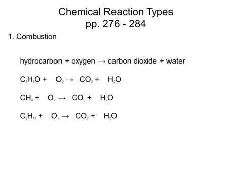 Chemical Reaction Types pp. 276 - 284 1. Combustion hydrocarbon + oxygen → carbon dioxide + water C 3 H 8 O + O 2 → CO 2 + H 2 O CH 4 + O 2 → CO 2 + H.