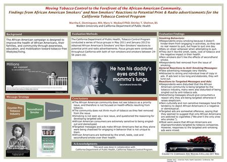 Moving Tobacco Control to the Forefront of the African-American Community. Findings from African American Smokers’ and Non-Smokers’ Reactions to Potential.