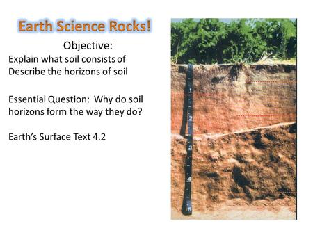 Objective: Explain what soil consists of Describe the horizons of soil Essential Question: Why do soil horizons form the way they do? Earth’s Surface Text.