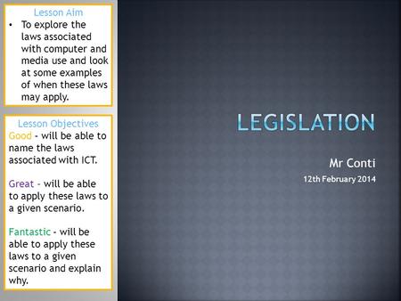 Mr Conti 12th February 2014 Lesson Aim To explore the laws associated with computer and media use and look at some examples of when these laws may apply.