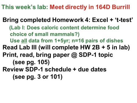 This week’s lab: Meet directly in 164D Burrill Bring completed Homework 4: Excel + ‘t-test’ (Lab I: Does caloric content determine food choice of small.