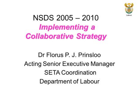 Implementing a Collaborative Strategy NSDS 2005 – 2010 Implementing a Collaborative Strategy Labour Dr Florus P. J. Prinsloo Acting Senior Executive Manager.