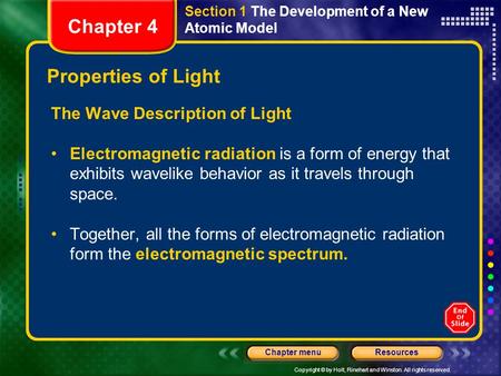 Copyright © by Holt, Rinehart and Winston. All rights reserved. ResourcesChapter menu Section 1 The Development of a New Atomic Model Properties of Light.
